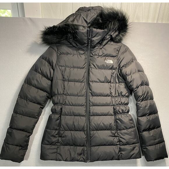 North Face Jacket Womens Small Petite Black 550 Down Parka Hooded Faux Fur - Picture 1 of 8